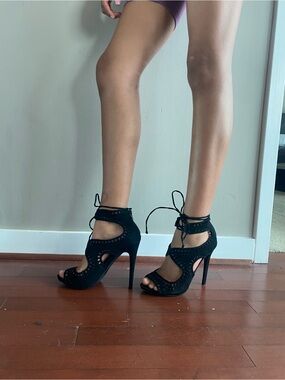 JustFab Black Suede Lace-Up Cutout High Heels